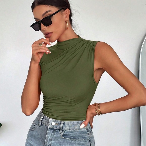 Ruched Army Green Asymmetrical Sleeveless Bodysuit Stretchy - Picture 1 of 8